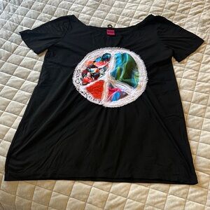 Save The Queen Black Short Sleeve Tee with Colorful Peace Patch